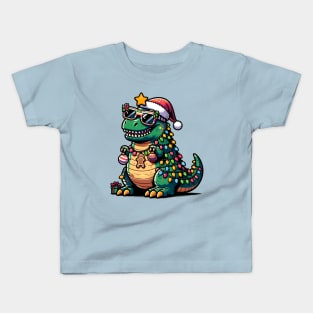 Tree-Rex Holiday Dinosaur - Christmas Tree T-Rex TreeRex Pun with Santa Hat, Lights and Ornaments Kids T-Shirt